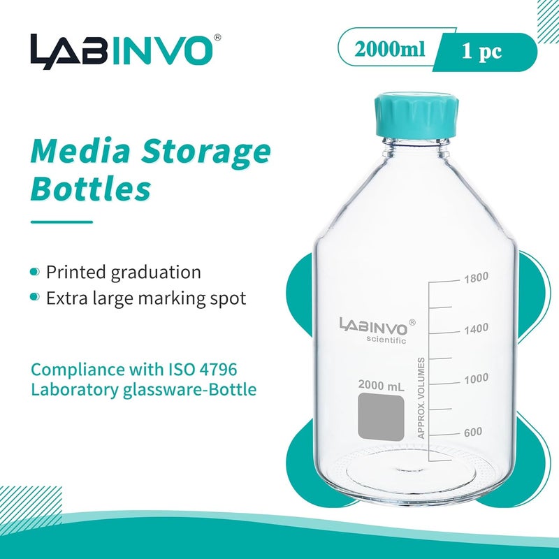 LINVO Glass Round Media Bottles, Vol.2000ml Borosilicate Glass Reagent Storage Bottle with GL45 Screw Cap, IN-RB2000A - Image 2